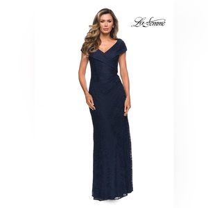 NWOT La Femme 27982 Navy Blue Lace Gown Cap Sleeve Evening Wrap Dress 8